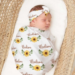 Personalized Baby Girl Custom Sunflower Name Swaddle And Headband For Newborn Baby, Sunflower Newborn Baby Photo Prop, Baby Girl Gift Idea