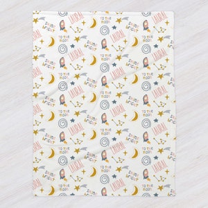 Custom Pink Space Rocketship Girl Pattern Name Blanket, Rocketship Minky Baby Blanket, Kid Space Pattern Blanket, Toddler Girl Space Blanket