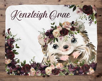 Hedgehog Personalized Baby Girl Blanket, Baby Blanket, Name Baby Blanket, Baby Gift, Baby, Hedgehog Blanket, Blanket Girl, Purple Floral