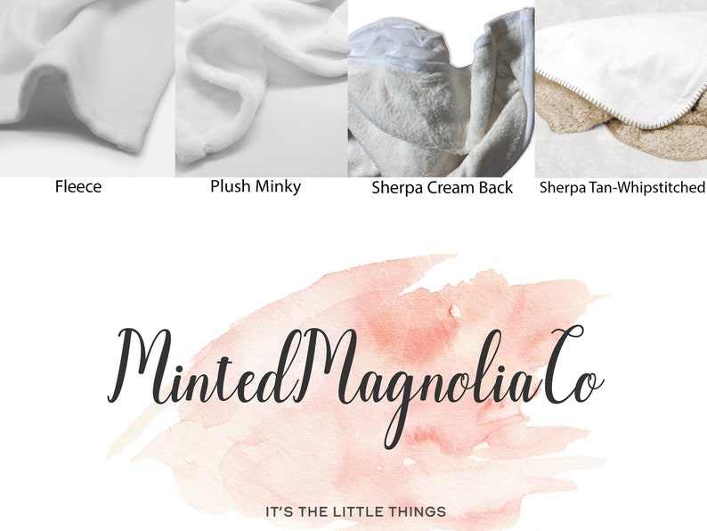 May include: Close-up of four different fabric swatches: white fleece, white plush minky, cream sherpa, and tan sherpa. The swatches are labeled with their fabric names. The image also includes the text "Minted Magnolia Co" and "IT'S THE LITTLE THINGS".