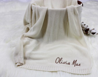 Ivory Embroidered Baby Blanket, Personalized Name Stroller Blanket, Custom Newborn Baby Gift, Soft Breathable Cotton Knit, Baby Shower Gift