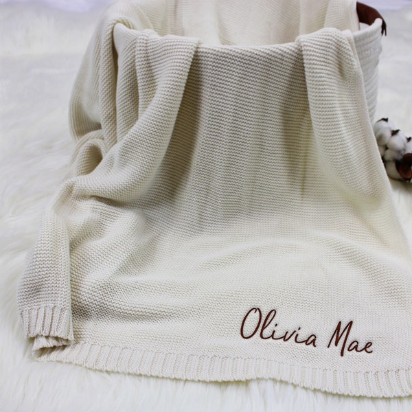 Ivory Embroidered Baby Blanket, Personalized Name Stroller Blanket, Custom Newborn Baby Gift, Soft Breathable Cotton Knit, Baby Shower Gift