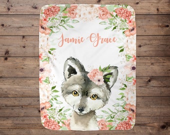 Wolf Personalized Baby Girl Blanket, Baby Blanket, Name Baby Blanket, Baby Girl Gift, Floral Baby, Wolf Blanket, Blanket Girl, Girl, Peach