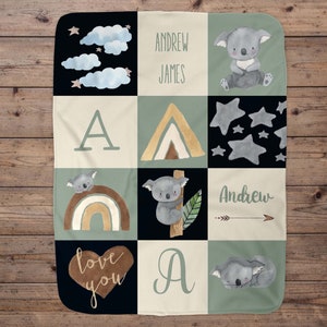 Bohemian Custom Koala Rainbow And Star Baby Boy Name Blanket, Baby Boy Koala Nursery Gift Idea, Boho Koala Baby Snuggle Blanket Newborn Gift