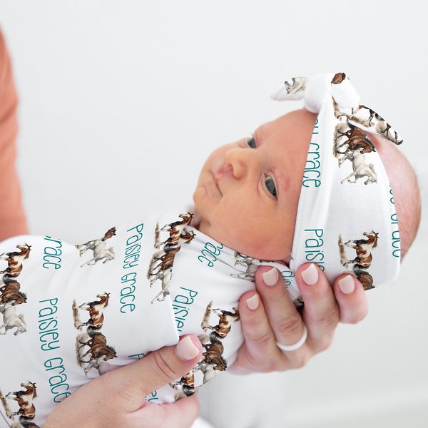 Personalized Horse Baby Name Custom Swaddle Gift Idea For Baby, Newborn Wild Horse Swaddle Blanket Photo Prop, Neutral Western Horse Swaddle