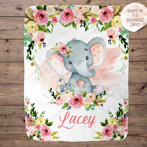 Elephant Baby Girl Blanket Personalized Blush Pink Floral Etsy