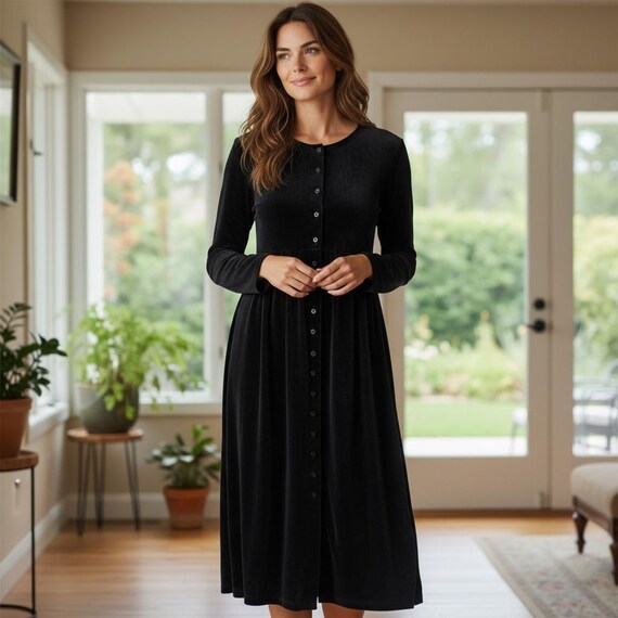 velvet button down dress Black Scalloped Front Mini - Event Dresses Allegra K Velvet Dress for Womens Mock Neck Button Ruffle Vintage Flared Dresses Mock Neck Ruffle Button Front Long Puff Sleeves Button Cuffs Invisible Zipper Back A Oplxuo Womens Velvet Shirt Dress