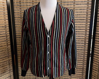 Klopfenstein vintage Cardigan Homme M Noir Rayé 100% Laine Vierge MCM Rétro