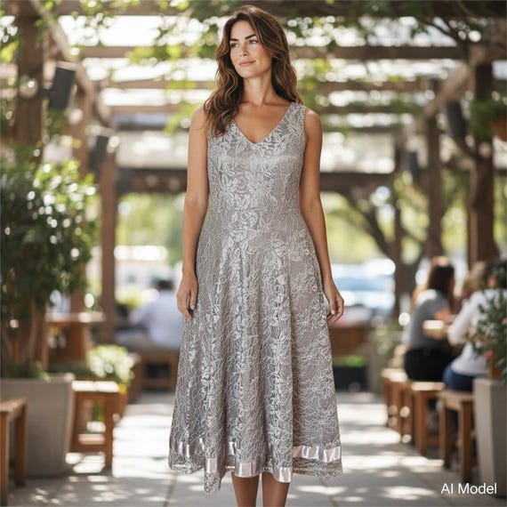 Tahari Arthur S. Levine Dress 10 Champagne Silver Lace Metallic Midi V-Neck