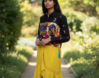 Karin Stevens Novelty Print Tunic Women 12 Black Yellow Art to Wear Vintage