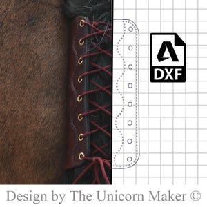 May include: Close-up of a brown leather boot with burgundy laces and gold-colored eyelets. The boot is next to a DXF file icon and a line drawing of the boot's outline. The text "Design by The Unicorn Maker" is at the bottom.