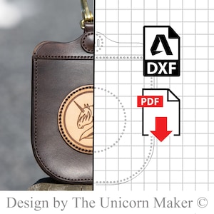 May include: A brown leather bag with a unicorn design. The bag is shown next to a digital pattern of the bag in a grid format. The pattern is available in PDF and DXF formats.