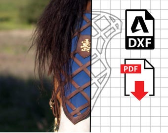 May include: A digital download pattern for a horse's head covering. The pattern is shown on a grid with a horse's head in the background. The pattern is for a blue and brown leather head covering with a decorative design. The download is available in PDF and DXF formats.