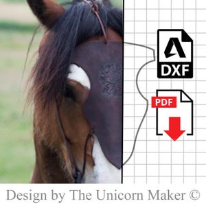 May include: A brown horse with a white blaze on its face is wearing a brown leather nose guard with an embossed design. The image includes a digital download icon with the text "DXF" and "PDF".