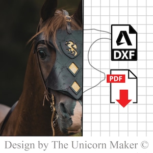 May include: A digital download of a horse nose mask pattern. The pattern is available in DXF and PDF formats. The image shows a horse wearing the mask, which is made of black leather with gold accents. The mask features a dragon design on the front. The text "Design by The Unicorn Maker ©" is at the bottom of the image.