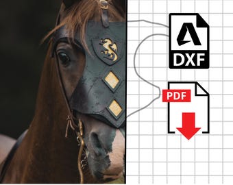 May include: A digital download of a horse nose mask pattern. The pattern is available in DXF and PDF formats. The image shows a horse wearing the mask, which is made of black leather with gold accents. The mask features a dragon design on the front. The text "Design by The Unicorn Maker ©" is at the bottom of the image.