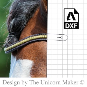 May include: A close-up of a horse's head with a braided mane and a brown leather bridle with gold accents. The image also includes a DXF file icon and the text "Design by The Unicorn Maker".