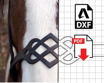 May include: A black leather horse halter with a decorative knot design. The halter is shown on a horse's head. The image also includes a digital download icon with the text "DXF" and "PDF".