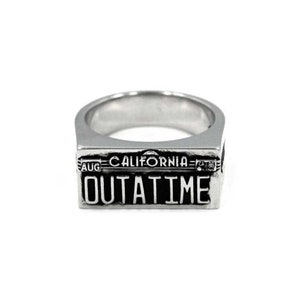 Back to the Future Delorean Outatime Ring, 80s Movie Sci Fi, Bttf Marty Mcfly Time Machine License Plate Sterling Silver Ring / Vermeil Ring