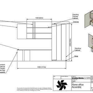 May include: A black and white line drawing of a home office desk and shelving unit. The desk is 121 inches wide and 62 inches deep. The shelving unit is 93 inches tall. The drawing includes dimensions and notes about the construction.