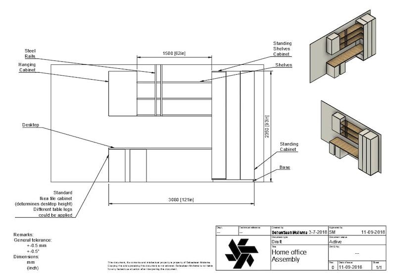May include: A black and white line drawing of a home office desk and shelving unit. The desk is 121 inches wide and 62 inches deep. The shelving unit is 93 inches tall. The drawing includes dimensions and notes about the construction.