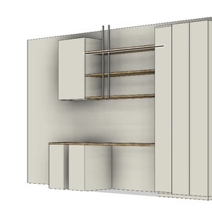 May include: A white wall unit with a cabinet, shelves, and drawers. The shelves are made of wood and have a metal support structure. The unit is in a modern style.