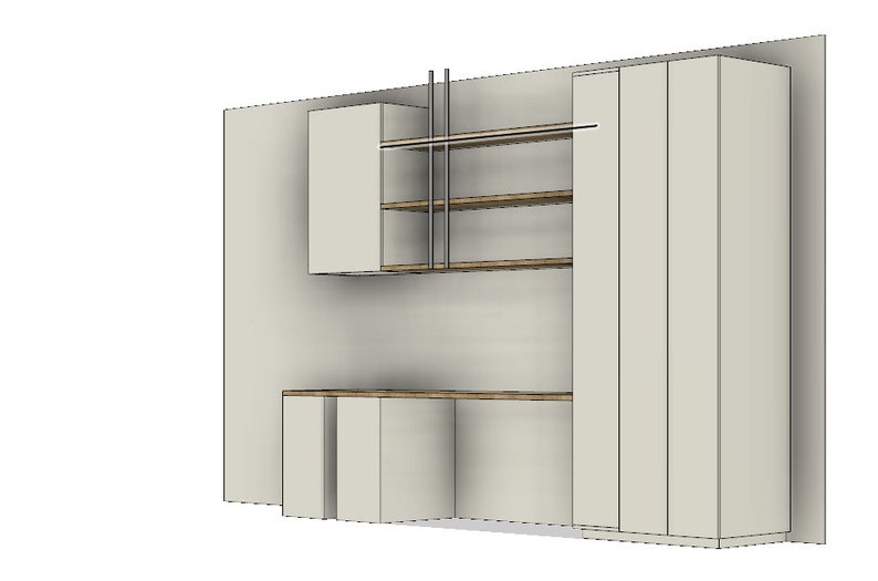 May include: A white wall unit with a cabinet, shelves, and drawers. The shelves are made of wood and have a metal support structure. The unit is in a modern style.