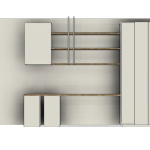 May include: A white wall unit with a desk, shelves, and cabinets. The unit has a light wood countertop and shelves. The cabinets have white doors.