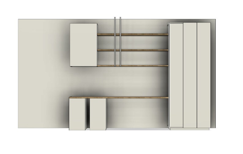 May include: A white wall unit with a desk, shelves, and cabinets. The unit has a light wood countertop and shelves. The cabinets have white doors.