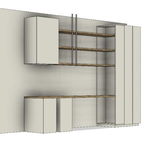 May include: A white wall unit with a desk, shelves, and cabinets. The shelves are made of wood and have metal supports. The cabinets are white and have doors.