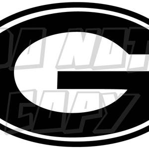 May include: Black and white graphic of a stylized letter G inside a white oval with a black outline.