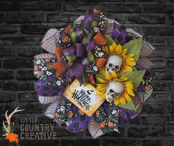 All Hallows Eve Halloween Skull and Bones Front Door Wreath Decoration All Hallows Eve Halloween Skull and Bones Front Door Wreath Decoration