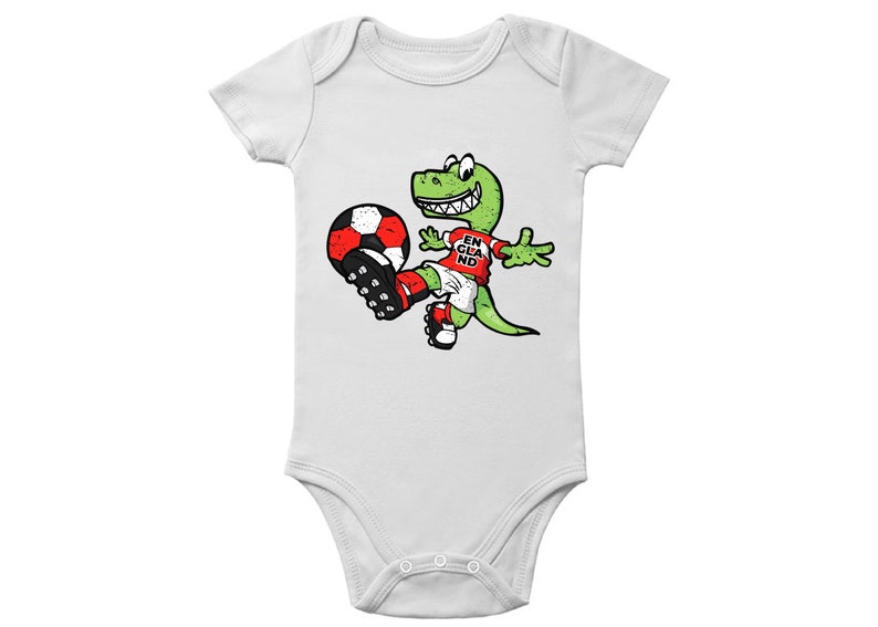 Dinosaur England Baby Bodysuit Short Sleeve English Baby Gifts English Soccer Bodysuit for Baby Dinosaur Playing Soccer One Piece for Baby
