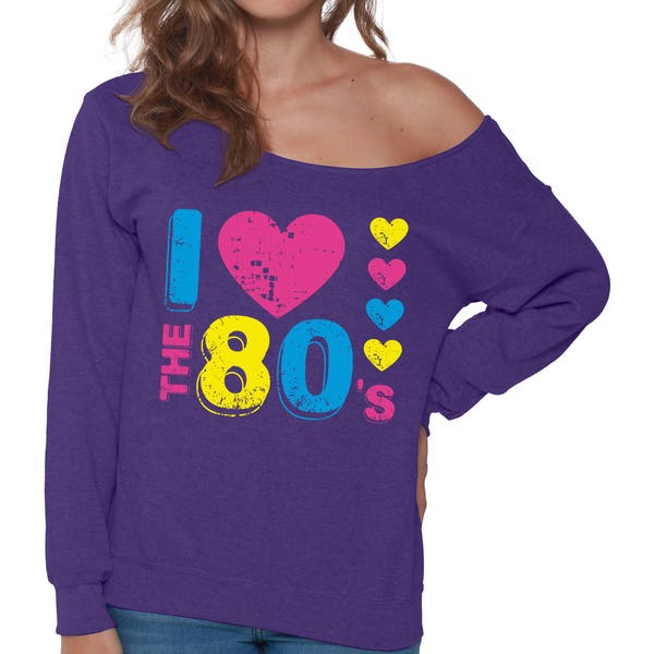 I Love The 80s Off Shoulder Sweatshirt for Women Off The Shoulder Baggy Sweatshirts for 80's Fans Eighties  Party tees Retro shirts Vintage