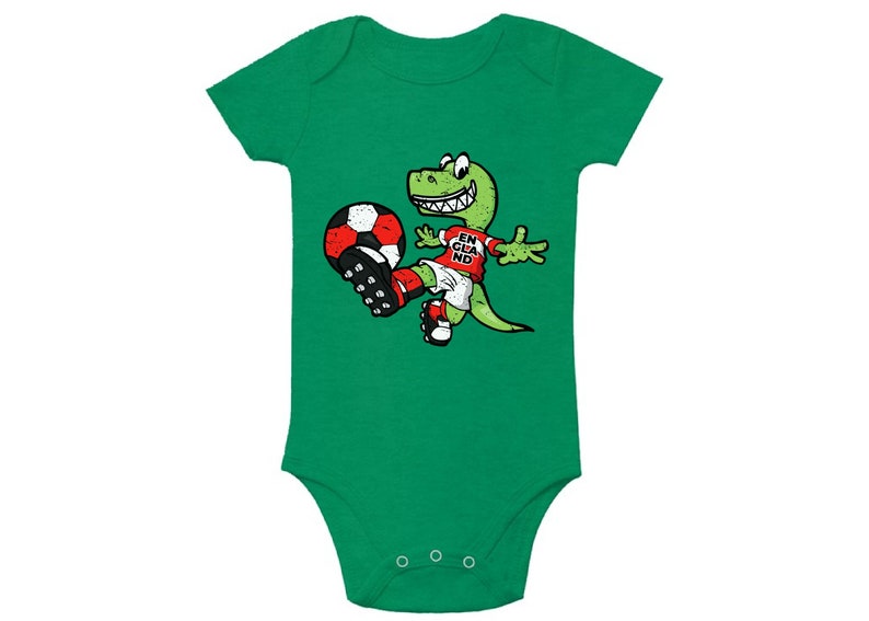 Dinosaur England Baby Bodysuit Short Sleeve English Baby Gifts English Soccer Bodysuit for Baby Dinosaur Playing Soccer One Piece for Baby