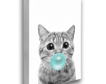 Cat Blowing Bubble Gum Canvas Printed Art for Living Room Decor. Bubble Gum Poster Decor. Cat Canvas Prints. Little Cat Canvas Poster.