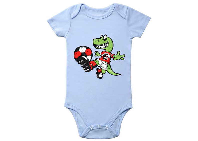 Dinosaur England Baby Bodysuit Short Sleeve English Baby Gifts English Soccer Bodysuit for Baby Dinosaur Playing Soccer One Piece for Baby