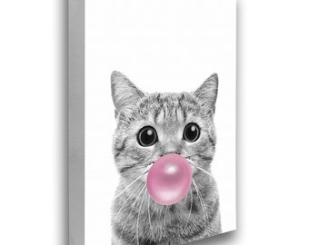 Cute Cat Canvas Prints. Little Cat Canvas Poster. Cat Chewing Bubble Gum Art. Canvas for Dining Room Decor. Bubble Gum Poster Decor.