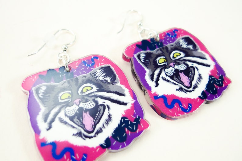 Cat jewelry, cat gift, cat earrings, cute earrings, animal jewelry, pallas cat, quirky jewelry, quirky gift, cat art, funny cat image 2