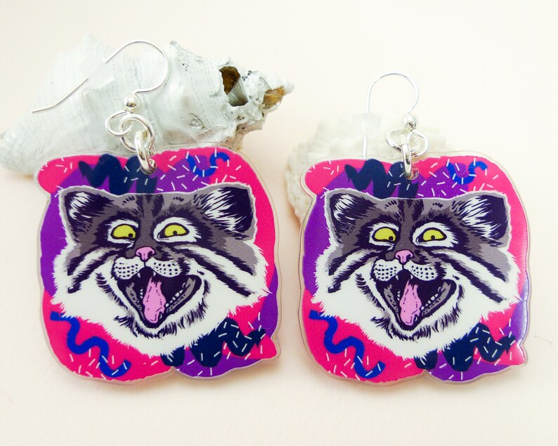 Cat jewelry, cat gift, cat earrings, cute earrings, animal jewelry, pallas cat, quirky jewelry, quirky gift, cat art, funny cat image 5