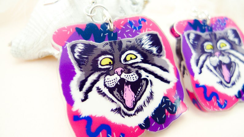Cat jewelry, cat gift, cat earrings, cute earrings, animal jewelry, pallas cat, quirky jewelry, quirky gift, cat art, funny cat image 4
