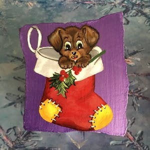 Christmas Stocking Hand Painted Rock, Puppy Holding Holly Branch- Clear Display Stand Included