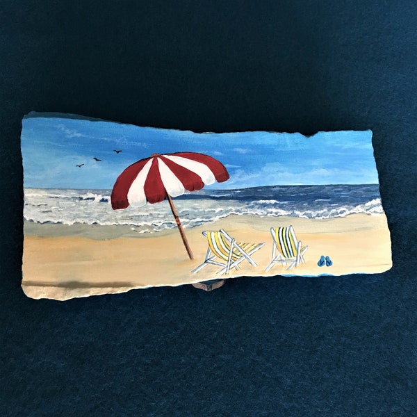 Relaxing at the Beach in Folding Chairs Under Red and White Umbrella Hand Painted Rock - clear stand is included