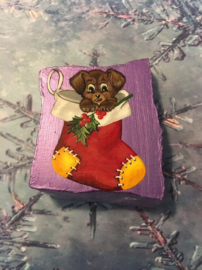 Christmas Stocking Hand Painted Rock, Puppy Holding Holly Branch Clear
