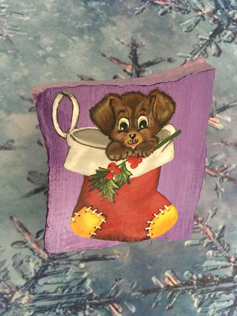 Christmas Stocking Hand Painted Rock, Puppy Holding Holly Branch Clear