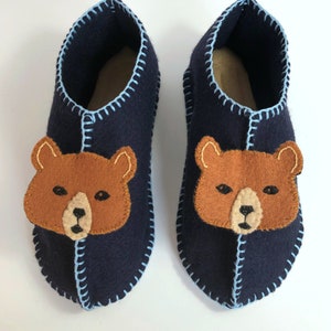 Brown Bears on Hand-Stitched Navy Wool Blend Slippers