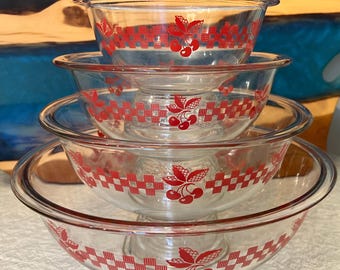 Vintage Pyrex Red Cherries Mixing Bowl Set: Gingham Checkered Glass