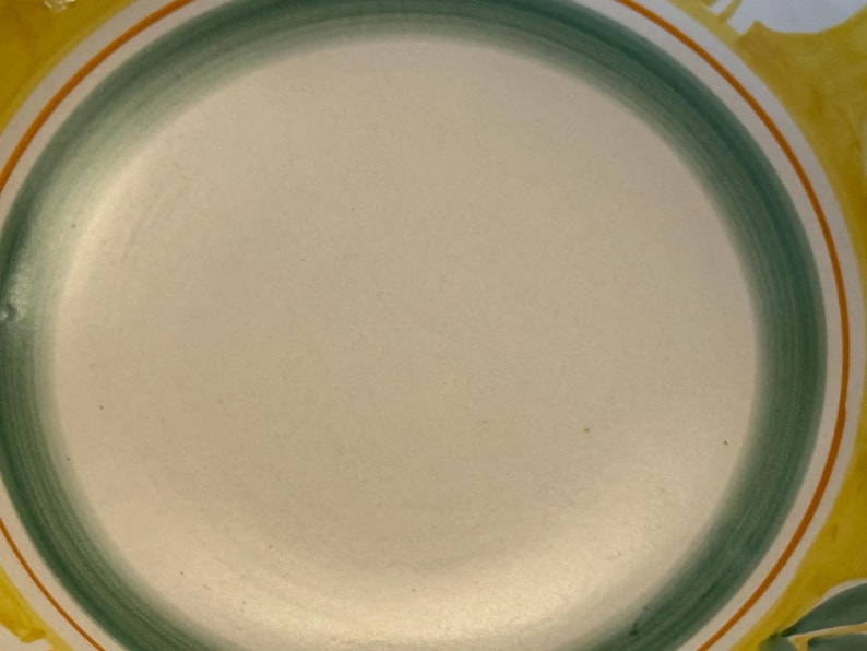 May include: A round, off-white ceramic plate with a green and orange border. The plate has a yellow rim with a leaf design. The plate is suitable for serving food.
