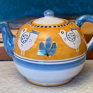 Solimene Vietri Ceramic Chicken Pattern Made in Italy/ Orange with Blue Dots Tea Pot
