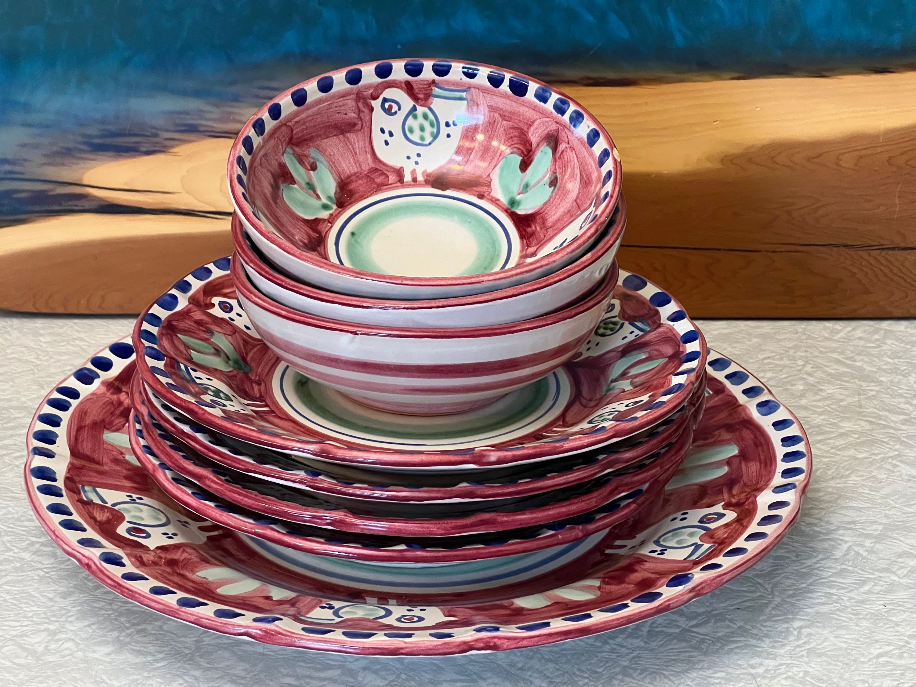 Solimene Vietri Ceramic Chicken Pattern Made in Italy/ Red Blue